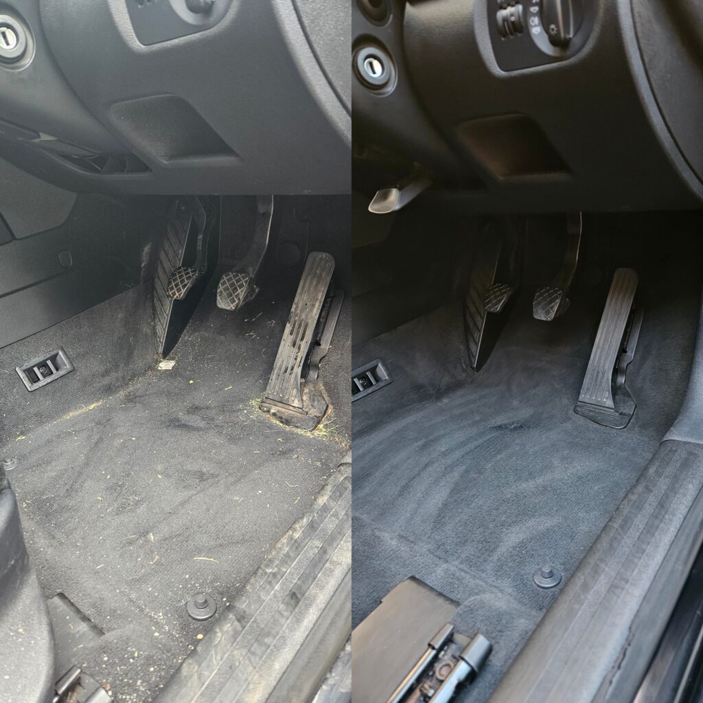 Side-by-side comparison image showing the interior of a car before and after professional detailing. The 'before' side appears dirty and cluttered, while the 'after' side is clean and organized, showcasing the effectiveness of professional interior cleaning.